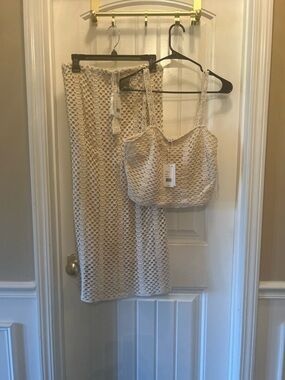 Lucy Paris Beige Crochet Pencil Skirt and Crop Top Set